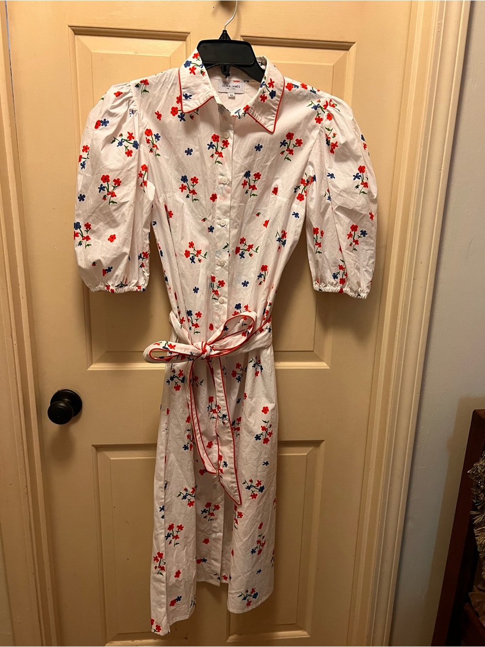 Olivia James Women's White Floral Midi Shirt Dress with Puff Sleeves XS